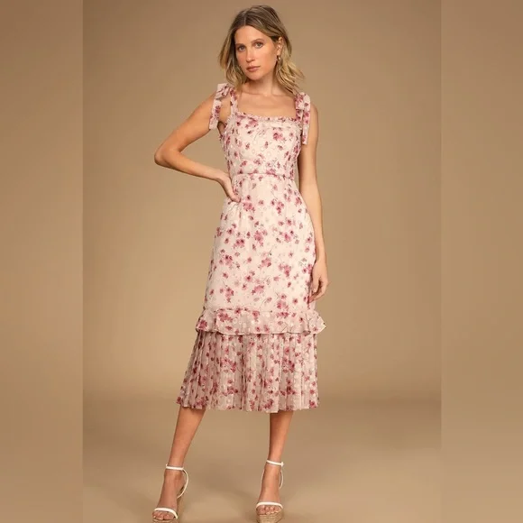 935. Terrace Views Taupe Floral Print Tiered Midi Dress - Picture 1 of 1